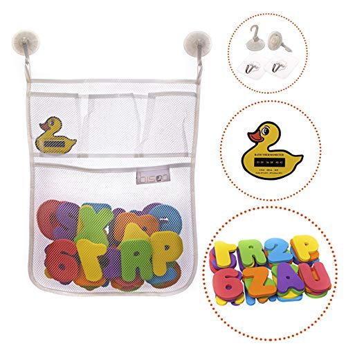 bisoo - Set Juguete Baño Bebe - Malla Organizador + Letras Adhesivas ABC y Numeros de Espuma EVA + 4 Ganchos - Juguetes Bañera Bebes +1 Año Educativos