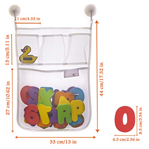 bisoo - Set Juguete Baño Bebe - Malla Organizador + Letras Adhesivas ABC y Numeros de Espuma EVA + 4 Ganchos - Juguetes Bañera Bebes +1 Año Educativos