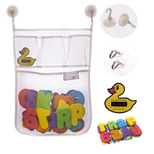 bisoo - Set Juguete Baño Bebe - Malla Organizador + Letras Adhesivas ABC y Numeros de Espuma EVA + 4 Ganchos - Juguetes Bañera Bebes +1 Año Educativos