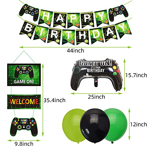 BLATOMY 34 Piezas de Decoracion de Fiesta de Videojuegos, Suministros Para Fiesta Cumpleanos, Incluyendo Pancarta Juego Feliz Cumpleanos, Pancartas Adornos, 2 Globos Aluminio, 30 Globos Latex