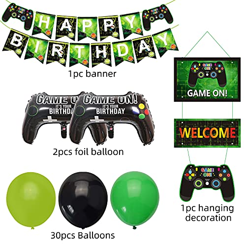 BLATOMY 34 Piezas de Decoracion de Fiesta de Videojuegos, Suministros Para Fiesta Cumpleanos, Incluyendo Pancarta Juego Feliz Cumpleanos, Pancartas Adornos, 2 Globos Aluminio, 30 Globos Latex