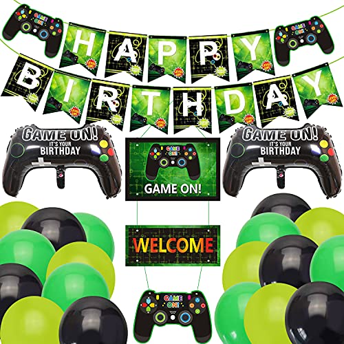 BLATOMY 34 Piezas de Decoracion de Fiesta de Videojuegos, Suministros Para Fiesta Cumpleanos, Incluyendo Pancarta Juego Feliz Cumpleanos, Pancartas Adornos, 2 Globos Aluminio, 30 Globos Latex