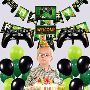 BLATOMY 34 Piezas de Decoracion de Fiesta de Videojuegos, Suministros Para Fiesta Cumpleanos, Incluyendo Pancarta Juego Feliz Cumpleanos, Pancartas Adornos, 2 Globos Aluminio, 30 Globos Latex