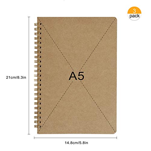 Bloc de Notas en Espiral A5, Cuadernos de Papel Kraft en Blanco, Cuaderno de Bocetos 100 Páginas, Perfecto para Dibujo Artístico, Notas de Aula, Diario de Viaje, Listas de Tareas (3PCS)