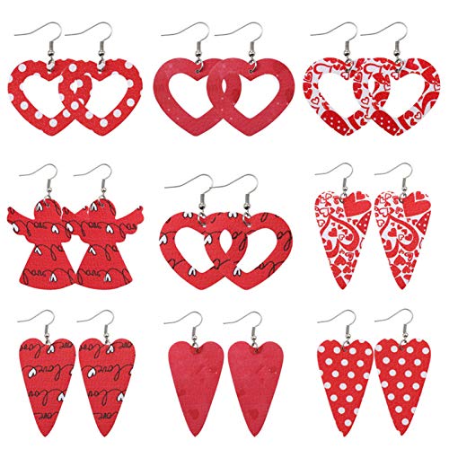 BNMY Pendientes De Cuero De PU De Doble Cara Pendientes De Cuero De Corazón Hueco De Varios Elementos Pendientes De Cuero Nuevos De Año Nuevo, Pendientes Delicados, para Regalo De Mujer,9 Pack