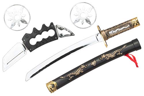 Brandsseller Juego de armas ninja de dragón, accesorios para disfraz negro, plateado y dorado, 4 piezas