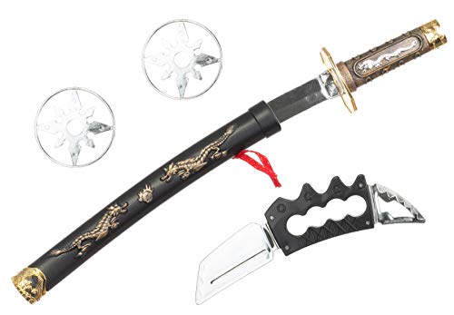 Brandsseller Juego de armas ninja de dragón, accesorios para disfraz negro, plateado y dorado, 4 piezas