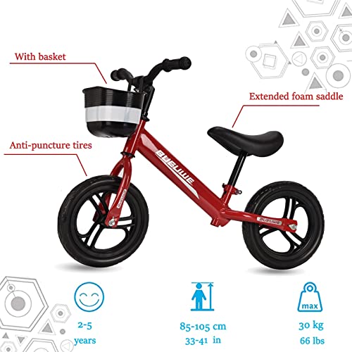 Bueuwe Bicicleta de Equilibrio Sin Pedales NiñO 2-6 AñOs,12 Pulgadas Bici para NiñOs,SillíN Ajustables,Ultraligera,Aprender A Mantener El Equilibrio Juguetes para NiñOs,hasta 30 Kg, D Red