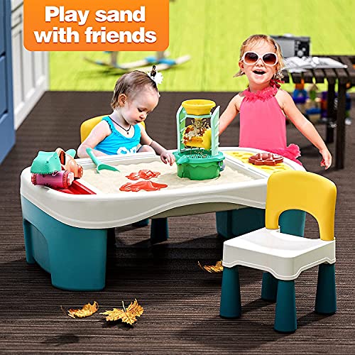 burgkidz Mesa de Agua de Arena para Niños con Juguetes de Playa de Dinosaurios y Funda para Actividades al Aire Libre, Mesa Verano 6 en 1 con Silla y Almacenamiento Grande para Niños Pequeños