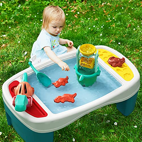 burgkidz Mesa de Agua de Arena para Niños con Juguetes de Playa de Dinosaurios y Funda para Actividades al Aire Libre, Mesa Verano 6 en 1 con Silla y Almacenamiento Grande para Niños Pequeños