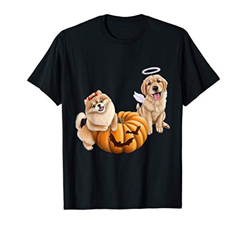 Cachorros de Halloween en disfraces con calabaza. Camiseta