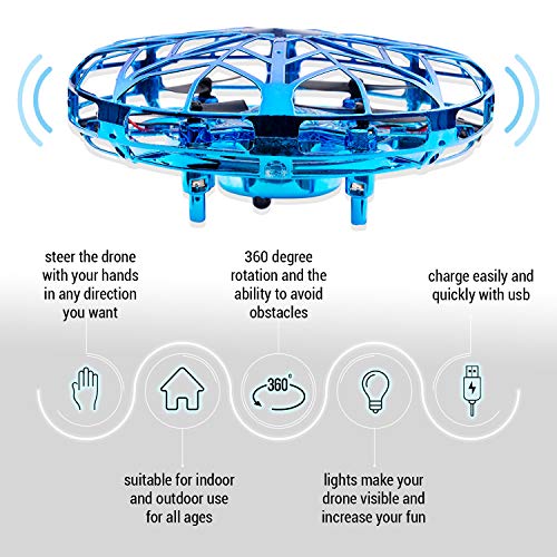 CANOPUS Mini Drone Juguete, UFO Drone operado a Mano para Interior y Exterior, Bola voladora OVNI, Fácil de operar,, cumpleaños para Principiantes, niños y Adultos (Azul)