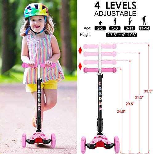 Caroma Patinete para niños, Patinete Plegable de 3 Ruedas para niños pequeños y niñas, Patinete Ajustable de 3 Alturas con Ruedas LED Intermitentes para niños de 2 a 12 años (Rosa Fresa)