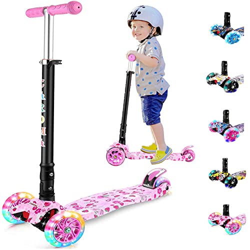 Caroma Patinete para niños, Patinete Plegable de 3 Ruedas para niños pequeños y niñas, Patinete Ajustable de 3 Alturas con Ruedas LED Intermitentes para niños de 2 a 12 años (Rosa Fresa)