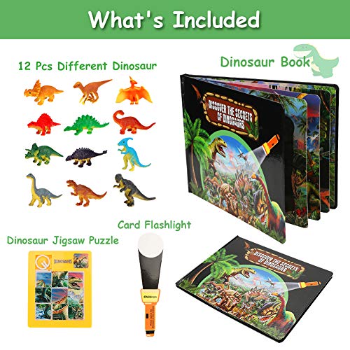 CestMall Juguetes de Dinosaurios para niños, Juego de excavación de Juego de Dinosaurios de 15 Piezas con Rompecabezas, Libro de Dinosaurios para Aprender, Juguete Educativo Preescolar con Linterna