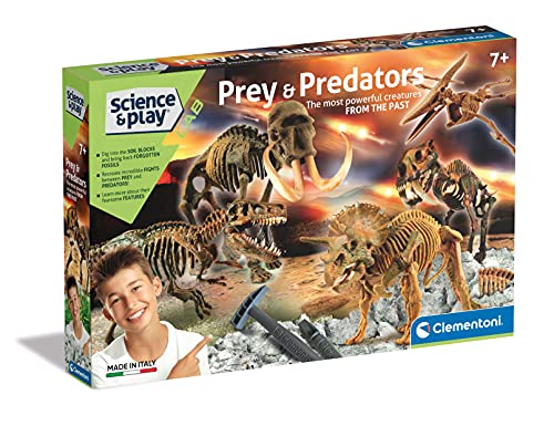 Clementoni - 97857 - Science & Play Lab - Prey and Predators - excavaciones fósiles 5 en 1 - Juego científico para excavar y Montar Dinosaurios a Partir de 7 años - Fabricado en Italia, Multicolor