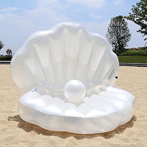 Colchón de Cama Flotante para Piscina, Playa, Concha para Piscina, Fila Flotante con Bola de Perlas, Cama Inflable de Agua de Sirena, Soporte en Forma de Abanico, Concha Gigante para Piscina