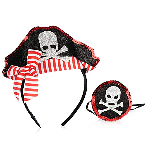 com-four® Juego de 3 Piezas Pirata - Diadema, Parche para el Ojo y Bandana con Motivo Pirata - Disfraz de Pirata para Carnaval, Halloween y Fiestas temáticas