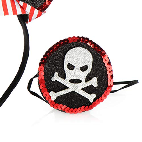 com-four® Juego de 3 Piezas Pirata - Diadema, Parche para el Ojo y Bandana con Motivo Pirata - Disfraz de Pirata para Carnaval, Halloween y Fiestas temáticas