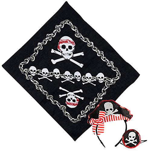 com-four® Juego de 3 Piezas Pirata - Diadema, Parche para el Ojo y Bandana con Motivo Pirata - Disfraz de Pirata para Carnaval, Halloween y Fiestas temáticas