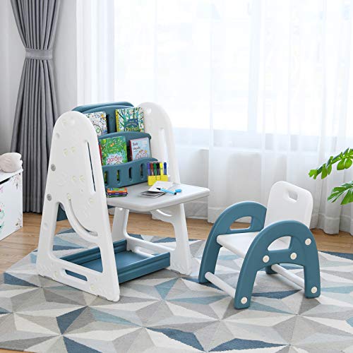 COSTWAY Caballete para Niños con Estantes y Tablero Plegable Silla para Niños Pizarra de Blanco con Letras y Números Magnéticos para Habitación para Niños (Azul Marino)