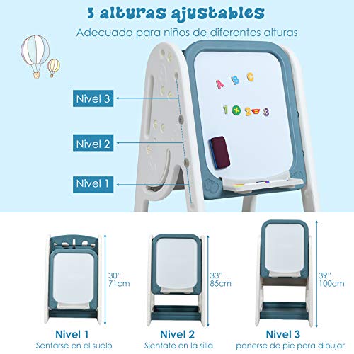 COSTWAY Caballete para Niños con Estantes y Tablero Plegable Silla para Niños Pizarra de Blanco con Letras y Números Magnéticos para Habitación para Niños (Azul Marino)