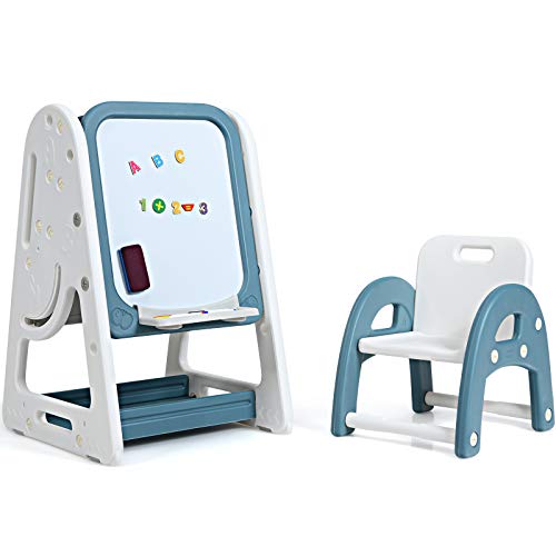 COSTWAY Caballete para Niños con Estantes y Tablero Plegable Silla para Niños Pizarra de Blanco con Letras y Números Magnéticos para Habitación para Niños (Azul Marino)