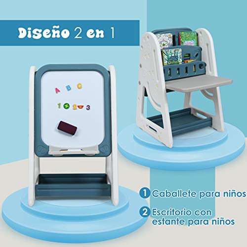 COSTWAY Caballete para Niños con Estantes y Tablero Plegable Silla para Niños Pizarra de Blanco con Letras y Números Magnéticos para Habitación para Niños (Azul Marino)