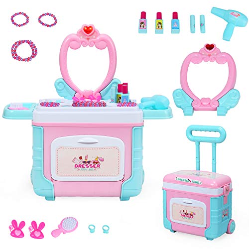 COSTWAY Conjunto Maletín Maquillaje para Niña Estuche Belleza Juguete de Maquillaje Maleta con Luces Efecto de Sonido y Ruedas Altura Ajustable Incluidos Accesorios