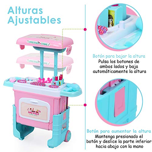 COSTWAY Conjunto Maletín Maquillaje para Niña Estuche Belleza Juguete de Maquillaje Maleta con Luces Efecto de Sonido y Ruedas Altura Ajustable Incluidos Accesorios