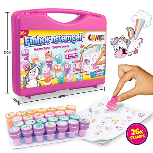 Craze - Sellos Infantiles Unicornios, Unicornio Juguete Para Niños Y Niñas, Juego Educativo Creativo, Kit 26 Cuños De Diferentes Colores Para Manualidades