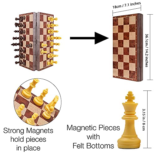 Damas de ajedrez 2 en 1 tamaño Mediano, ajedrez magnético de Viaje de Color Madera magnética ajedrez con Estuche Plegable de 12,4 Pulgadas