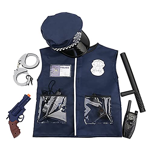 deAO Disfraz de Policía Juego Infantil de Imitación Conjunto de Uniforme Policial Incluye Gorra, Chaleco, Placa, Armas de Juguete y más Accesorios