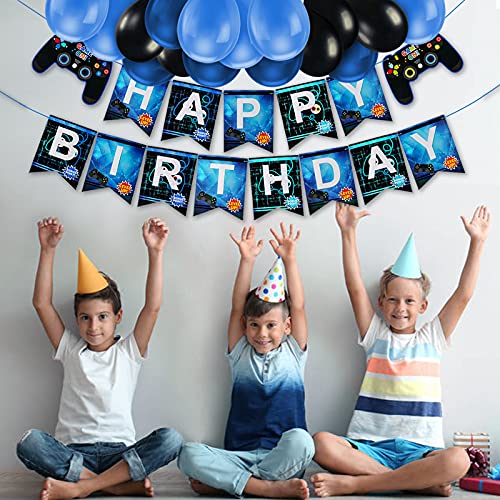 Decoración de cumpleaños para niños, decoración de juegos con globos de papel de aluminio y globos azul-negros Banner de feliz cumpleaños para niños de 5 6 7 8 9 años