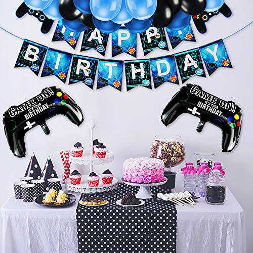 Decoración de cumpleaños para niños, decoración de juegos con globos de papel de aluminio y globos azul-negros Banner de feliz cumpleaños para niños de 5 6 7 8 9 años