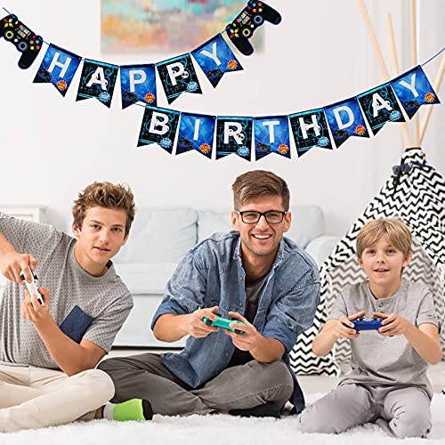 Decoración de cumpleaños para niños, decoración de juegos con globos de papel de aluminio y globos azul-negros Banner de feliz cumpleaños para niños de 5 6 7 8 9 años