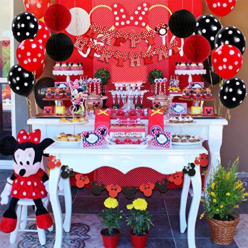 Decoraciones de cumpleaños de Minnie Mouse rojas y negras para niñas con pancarta de feliz cumpleaños, guirnaldas, diadema y globos de lunares