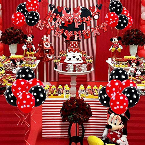 Decoraciones de cumpleaños de Minnie Mouse rojas y negras para niñas con pancarta de feliz cumpleaños, guirnaldas, diadema y globos de lunares