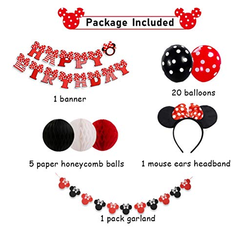 Decoraciones de cumpleaños de Minnie Mouse rojas y negras para niñas con pancarta de feliz cumpleaños, guirnaldas, diadema y globos de lunares