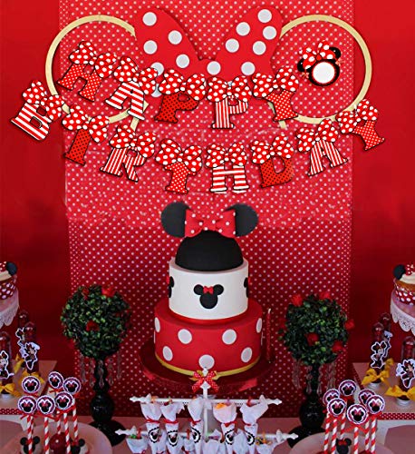 Decoraciones de cumpleaños de Minnie Mouse rojas y negras para niñas con pancarta de feliz cumpleaños, guirnaldas, diadema y globos de lunares