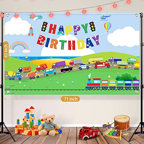 Decoraciones de Fiesta de Cumpleaños de Transporte Banner Fondo de Tráfico para Niños Cabina de Fotos de Fiesta Temática de Coche Autobús Tren Avión Barco Decoración de Mesa de Pastel