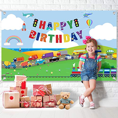 Decoraciones de Fiesta de Cumpleaños de Transporte Banner Fondo de Tráfico para Niños Cabina de Fotos de Fiesta Temática de Coche Autobús Tren Avión Barco Decoración de Mesa de Pastel