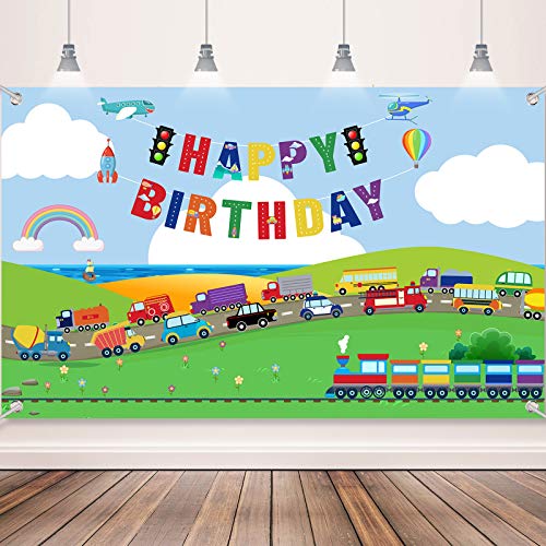 Decoraciones de Fiesta de Cumpleaños de Transporte Banner Fondo de Tráfico para Niños Cabina de Fotos de Fiesta Temática de Coche Autobús Tren Avión Barco Decoración de Mesa de Pastel