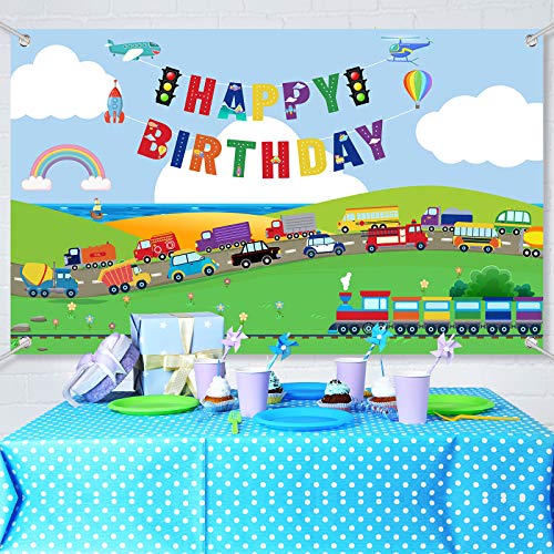 Decoraciones de Fiesta de Cumpleaños de Transporte Banner Fondo de Tráfico para Niños Cabina de Fotos de Fiesta Temática de Coche Autobús Tren Avión Barco Decoración de Mesa de Pastel