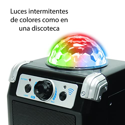 DEQUBE- Sistema inalámbrico de Karaoke con conexión Bluetooth a Dispositivos, Bola de Luces Disco incorporada, con bateria Recargable, Color Negro, Mediano (916D00038)