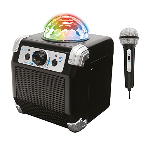 DEQUBE- Sistema inalámbrico de Karaoke con conexión Bluetooth a Dispositivos, Bola de Luces Disco incorporada, con bateria Recargable, Color Negro, Mediano (916D00038)