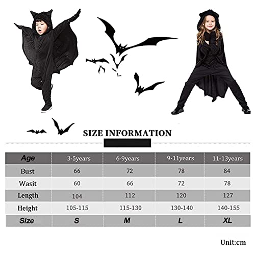 DIIQII Disfraz de Murcielago para Niña y Niños, Vampire Bat Disfraz De Disfraces De Halloween con Alas de Murciélago Negras para Disfraz de Fiesta de Cosplay y Guantes (S 105-115cm)