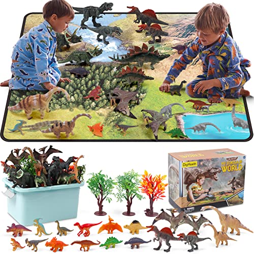 Dinosaurios Juguetes con Tapete de Actividad, Figuras Educativas de Dinosaurios Realistas que Incluyen Pterodáctilo, Triceratops, Tiranosaurio, Arboles, Rocoso, Regalo para Niños y Niñas 3+