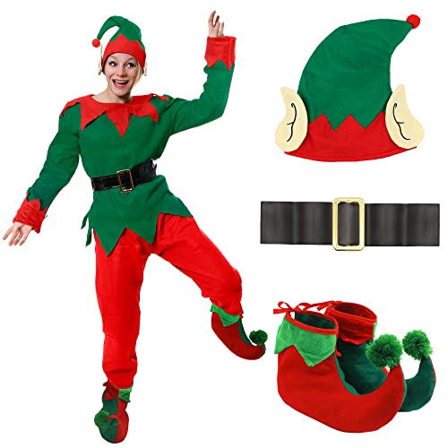 DISFRAZ DE ELFO PARA ADULTOS DISFRAZ NAVIDEÑOS - TÚNICA VERDE ELFO DESCARADO + PANTALÓN ROJO + CINTURÓN NEGRO + SOMBRERO CON OREJAS + ZAPATOS DE LUJO POM POM ELF - X-GRANDE EUR 48-50