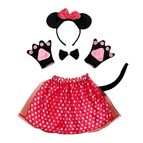 Disfraz de minnie mouse de lot - niña - tutú - diadema - guantes - pajarita - cola - disfraz - accesorios - carnaval - halloween - color rojo - idea de regalo para navidad y cumpleaños